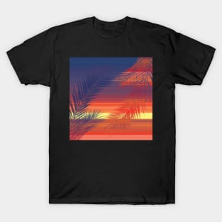 Tropical palm leaves on sunset background summer print T-Shirt